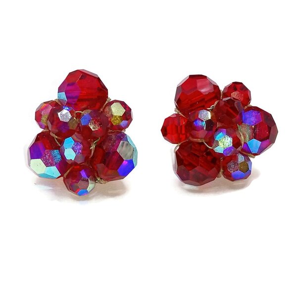 Vintage Red Aurora Borealis Cluster Beaded Clip on Earrings - Picture 3 of 5
